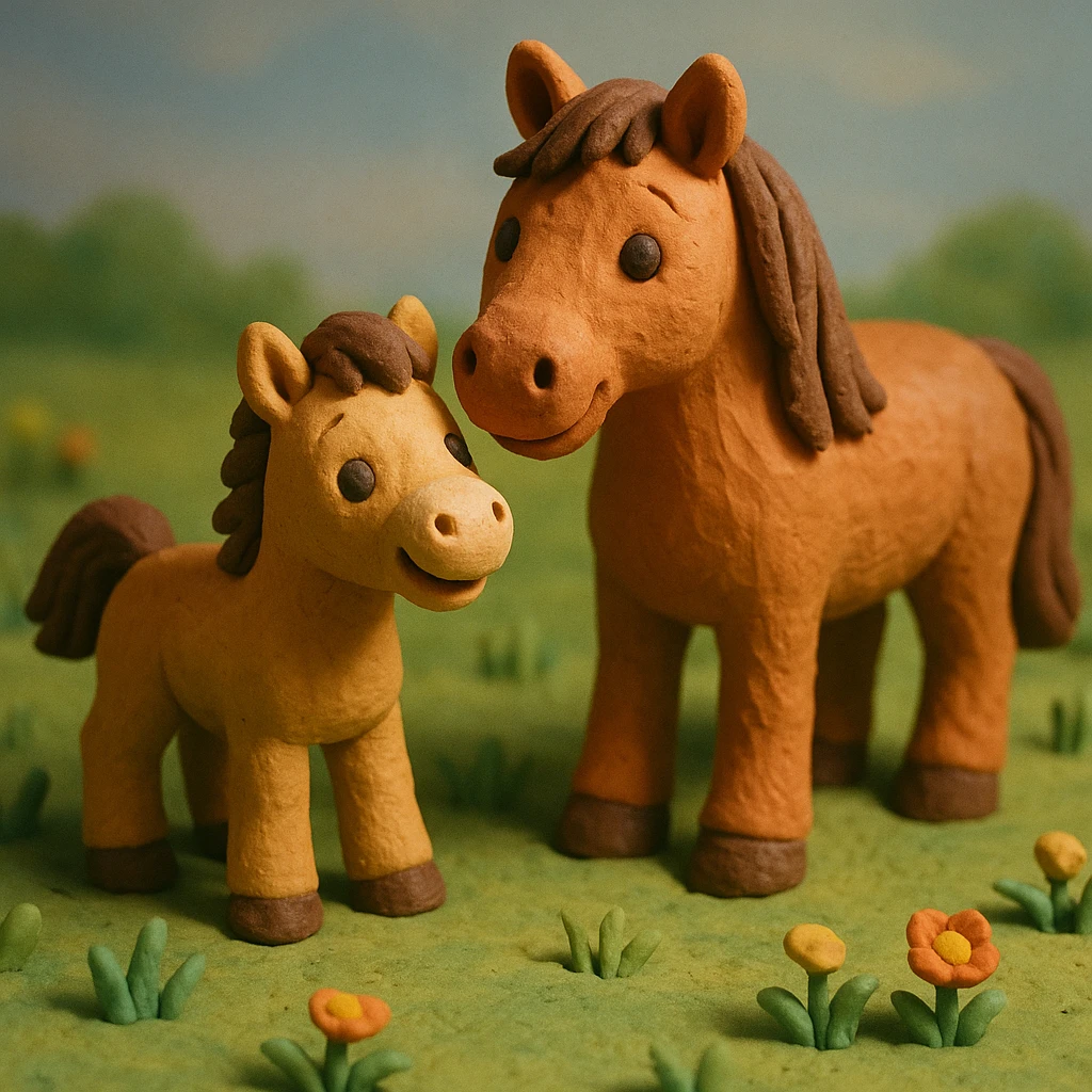 foal and mare together, cute and cheerful, detailed fur, in a grassy meadow, claymation style emoji