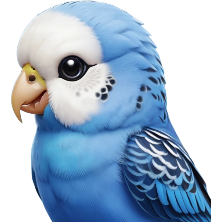 cinematic-cute-blue-budgie-portrait-emoji,-head-tilted-playfully-and-inquisitively,-featuring-a-brilliant-blue-feathered-fur-and white and black feathered face-with-a-natural-sheen,-round,-sparkling-dark-eyes-filled-with-curiosity,-simplified-yet-irresistibly-adorable emoji