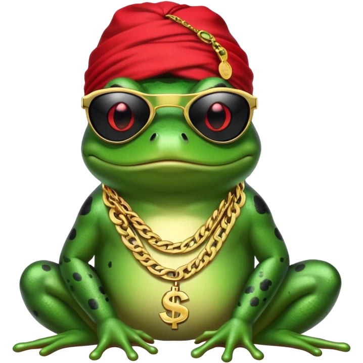 thug life frog wearing black sunglasses, gold chain, bandana, dollar sign bling emoji