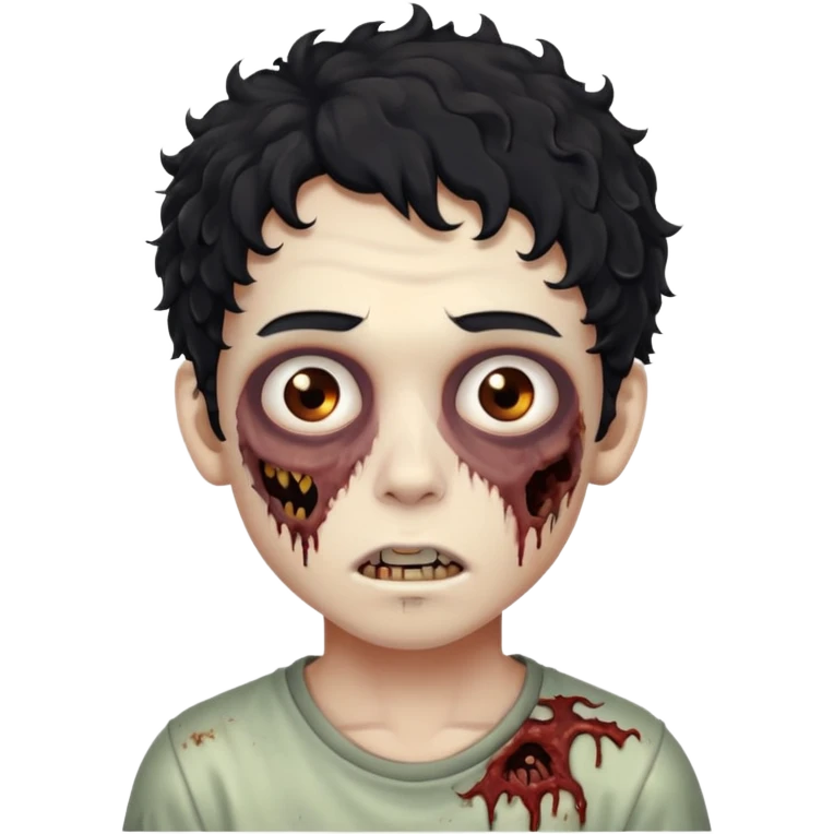 menino com cabelo cacheado e olhos marrons, com aparencia de zumbi emoji