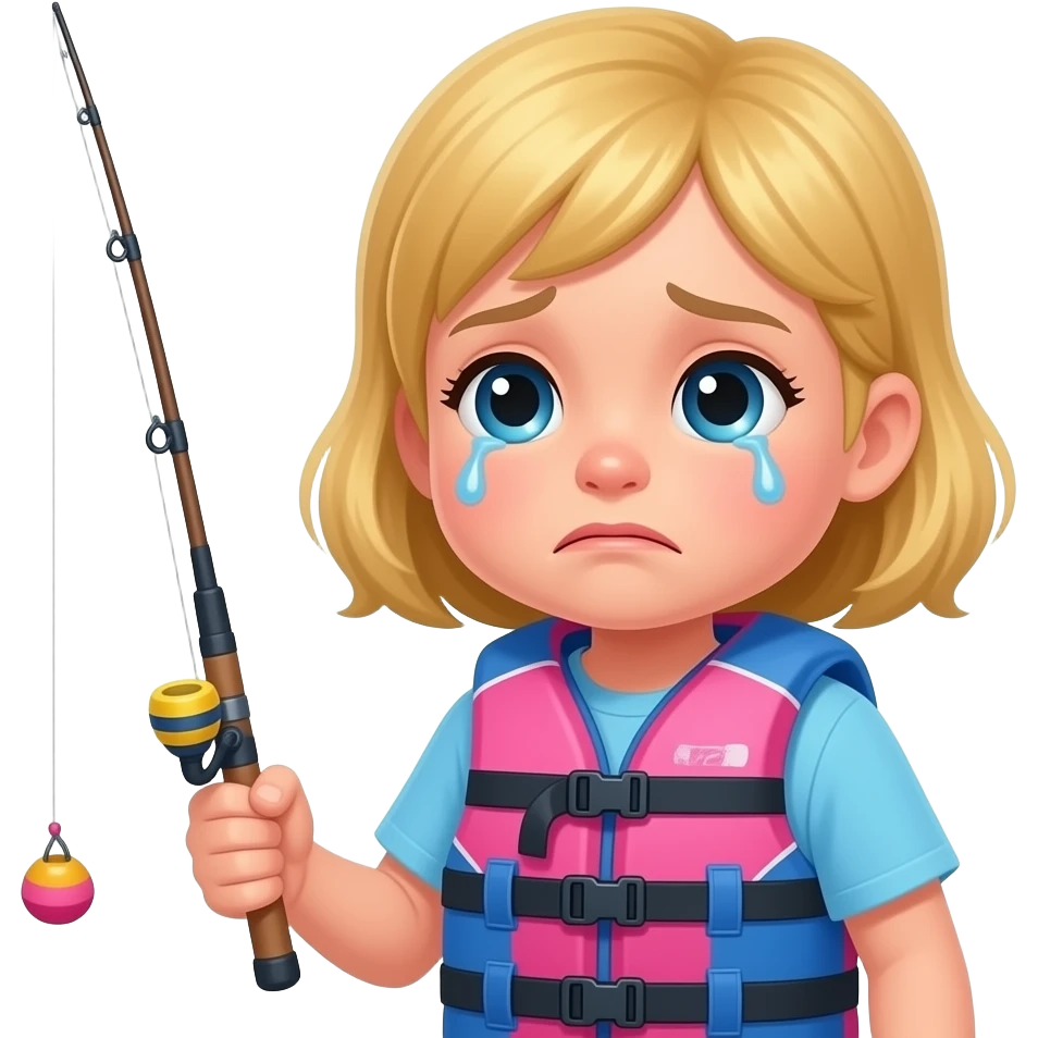 a blonde haired girl kid sad holding a fishing pole with a pink and blue life jacket crying emoji