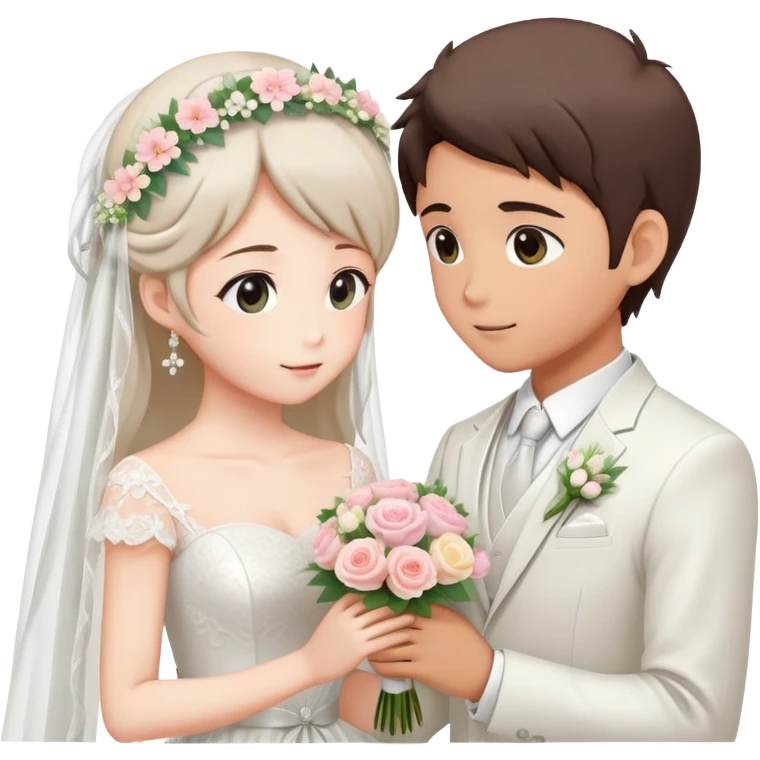 Beautiful romantic pastel lush anime Bride and groom couple getting married looking into each other’s eyes flowers  emoji