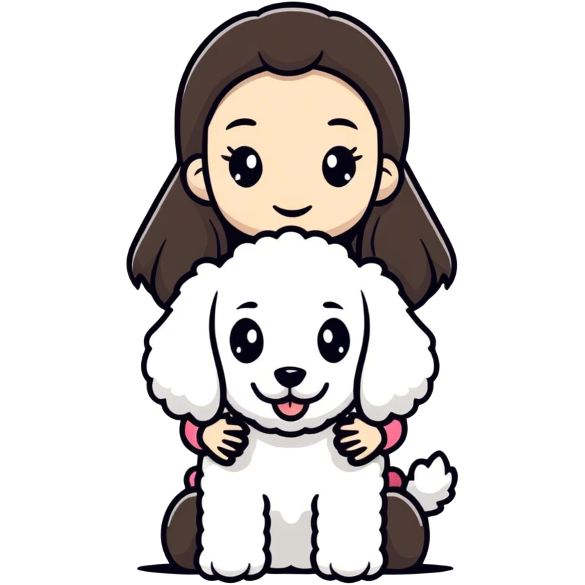 Brunette girl with long straight hair holding a white poodle dog with a black head and ears emoji