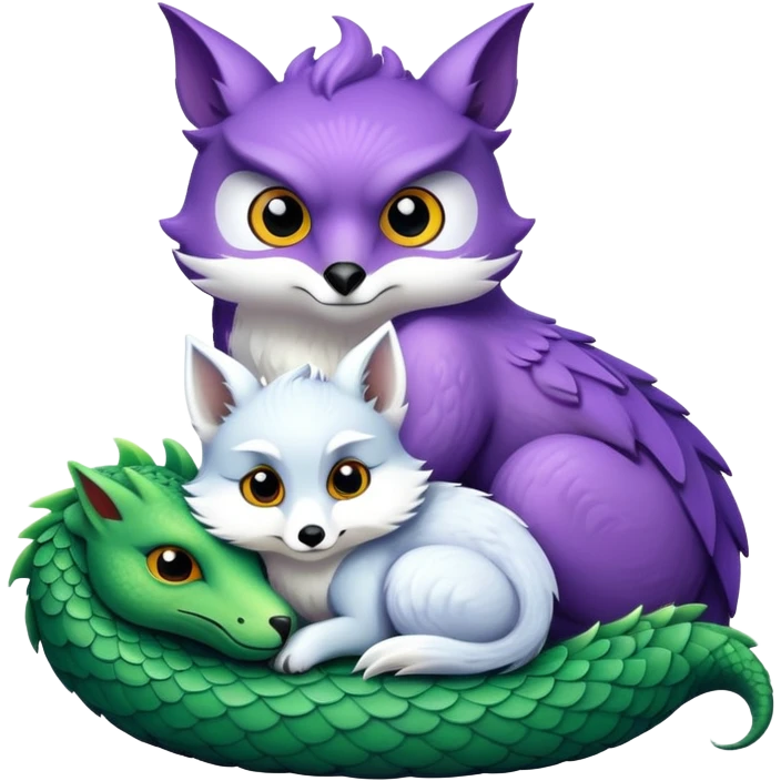 Purple owl curled up with a green dragon and a white fox emoji