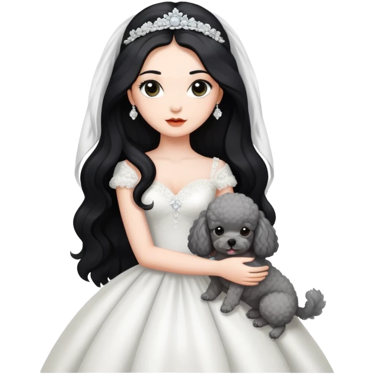 A beautiful girl with long black hair in a wedding dress holds a small gray poodle emoji