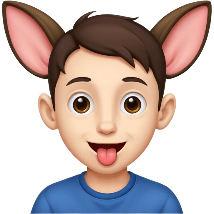 a brunette boy with small eyes with big human ears and with his tongue out emoji