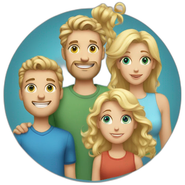 A family with a blond white green eyed girl (the mother) a white guy with huge jawline and blue eyes, curly blond hair (the father), Two twin 10 years old boys  emoji