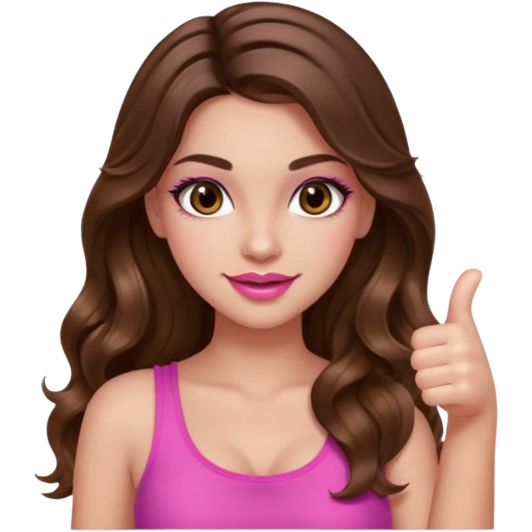 girl with long wavy brown hair, brown eyes, long lashes makeup, sexy pink lips, light to medium complexion, wearing a pink sexy top, thumbs up emoji