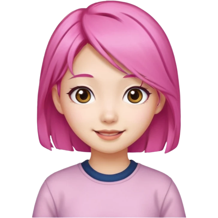 An Asian girl with  pink hair, big eyes,sweet
 emoji