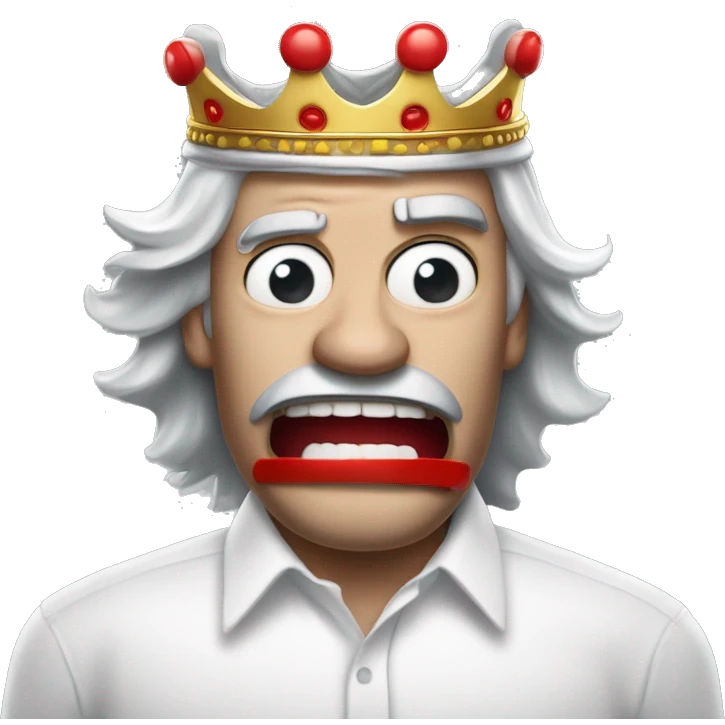 a man in a white button up shirt with a red mouth mask pulled down, long gray hair and a burger king crown angry white skin emoji