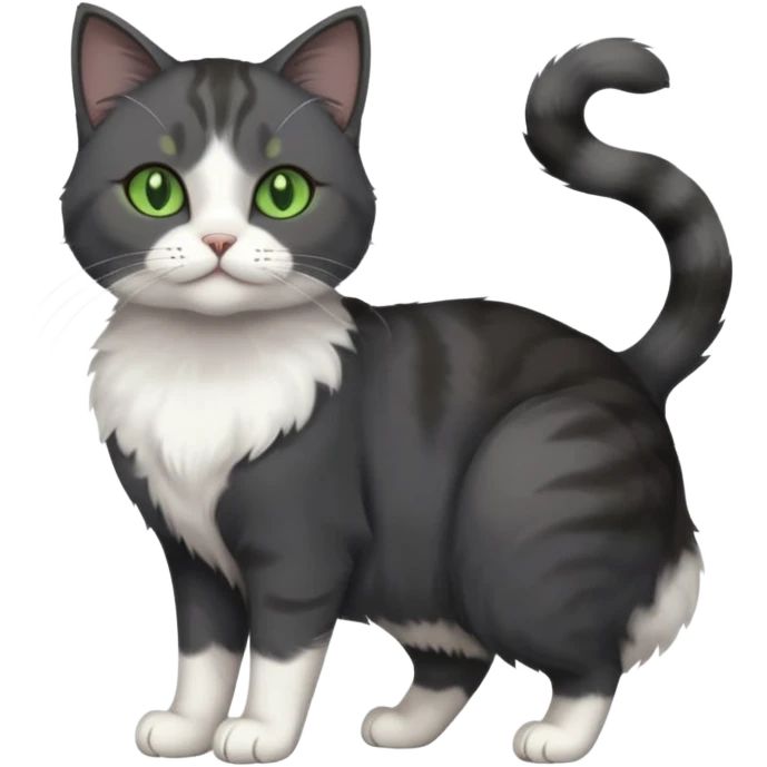 full body view of beautiful female solid dark grey cat with green eyes, white toes/paws and white patch on her chest emoji