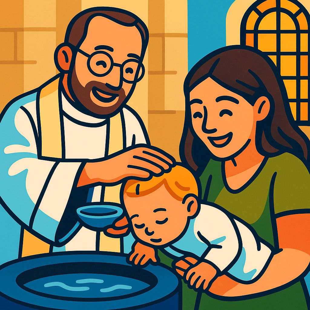 Cartoonize this baptism scene in vibrant toon style, keeping the main elements and expressions clear and vivid. emoji