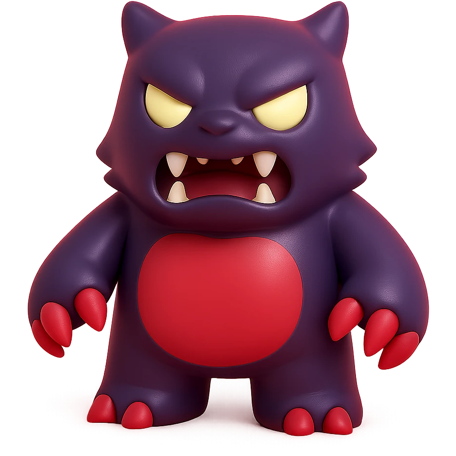angry monster with sharp claws, glowing eyes, fierce snarl, dark purple and red palette emoji
