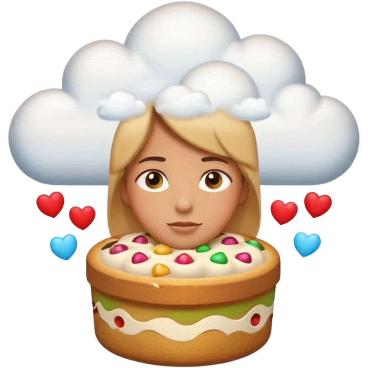 Apple-style emoji illustration of a person with dreamy eyes, and avobe them a thinking cloud with a traditionmal panettone inside, small hearts floating around, soft 3D emoji style, smooth gradients, rounded shapes, warm festive colors, simple expression. emoji