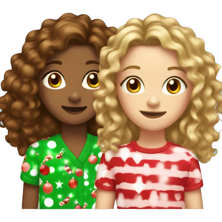 3 girls in Christmas pjs. Tallest with brown curly hair, middle with brown hair, and youngest with blonde hair. emoji