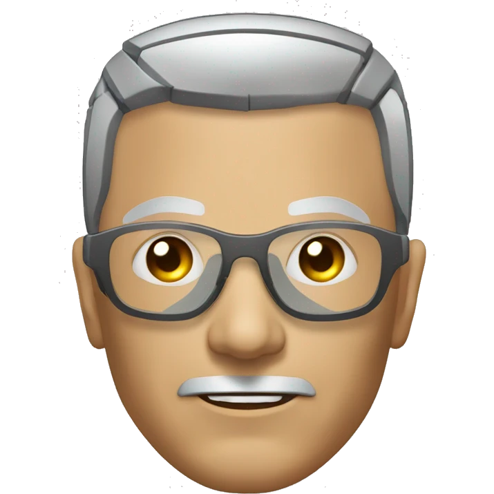 Older Male cyborg head with metallic plated face, brown flat top haircut, glasses and circuitry emoji