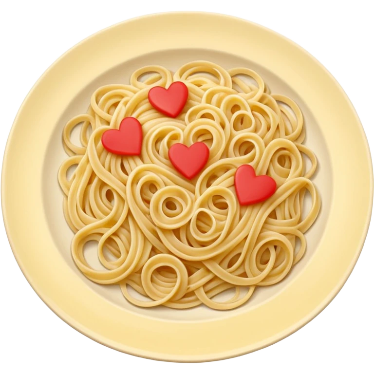 loose tangle of pale yellow cooked spaghetti with soft glossy texture and natural curves, strands slightly twisted and overlapping, freshly prepared dish, no bowl or chopsticks. Add tiny read hearts on the spaghetti emoji