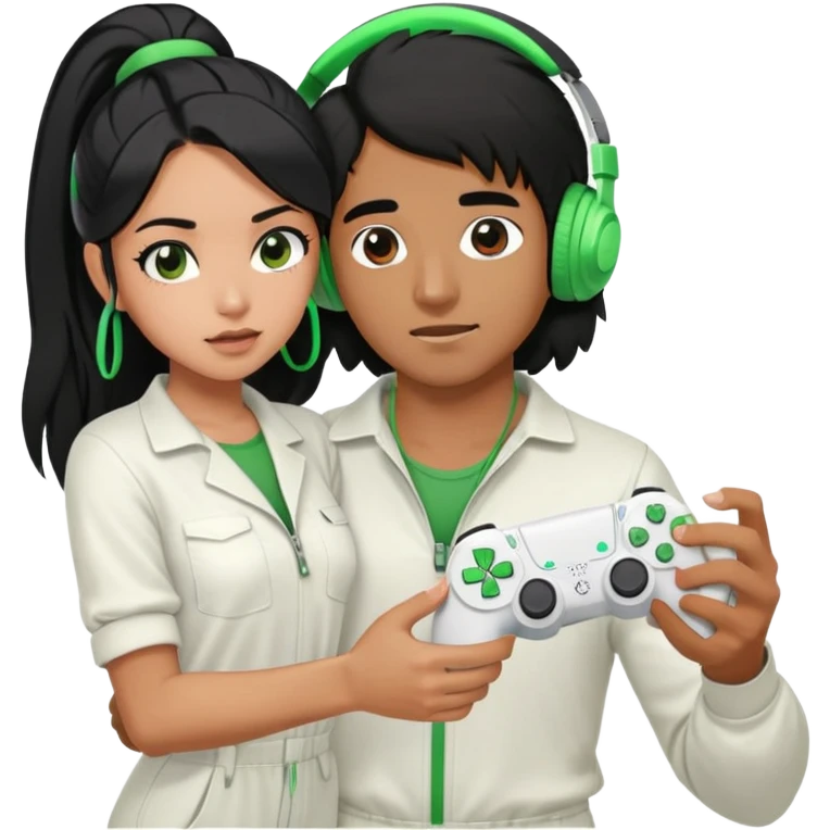 A brown man wearing a white jump suit, green headphones and holding a ps5 controller being strangled by a young Hispanic woman with long black hair emoji