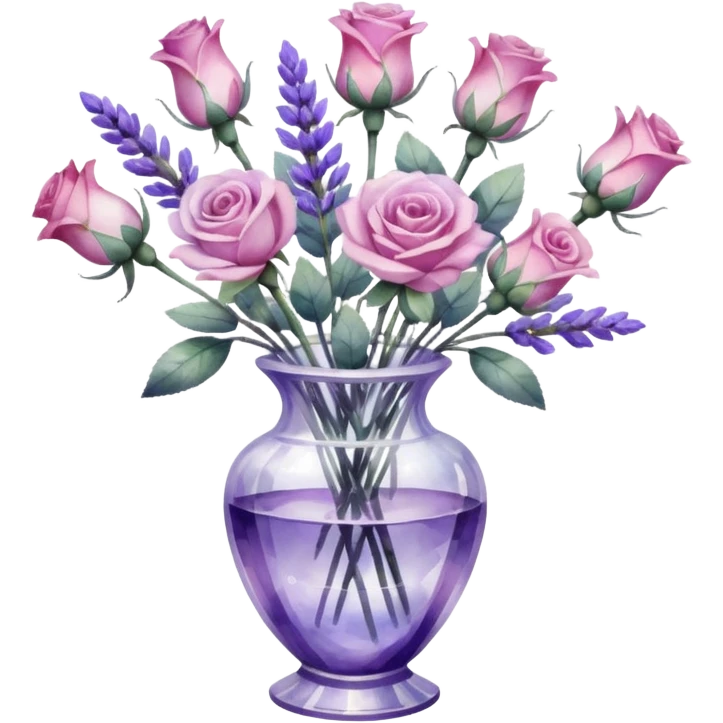 Watercolor painting of roses and lavender in a crystal vase, with light brushstrokes visible emoji