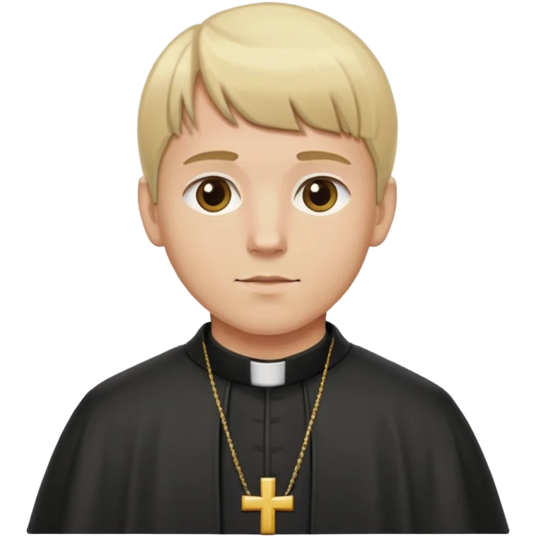 a man with blond hair, straight bangs, a jacket like a priest emoji