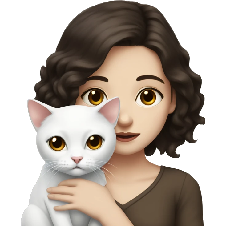 A pale girl with dark brown hair and dark brown eyes holds a white cat and look at the cat emoji
