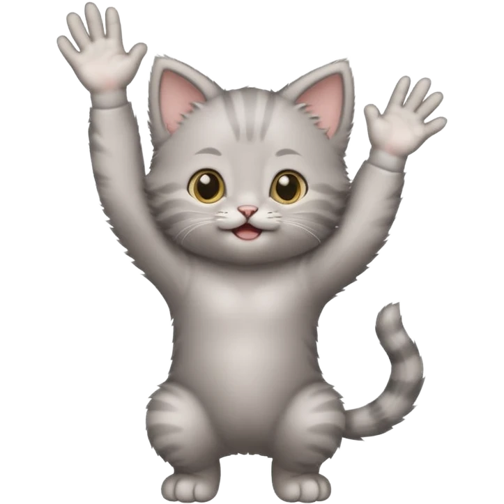 Joyful Gray baby kitten standing up with arms raised  emoji