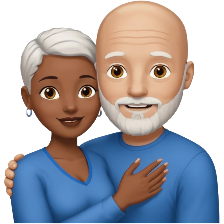 Talk bald white man with a white beard and blue eyes lovingly holding a black woman with brown eyes and grey hair emoji