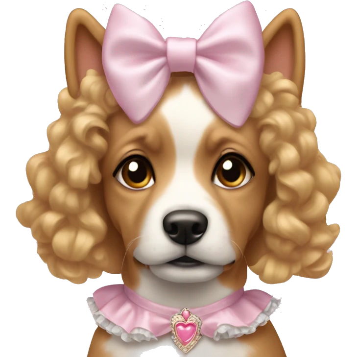 cite coquette dog wearing a bow and a frilly light pink princess costume emoji