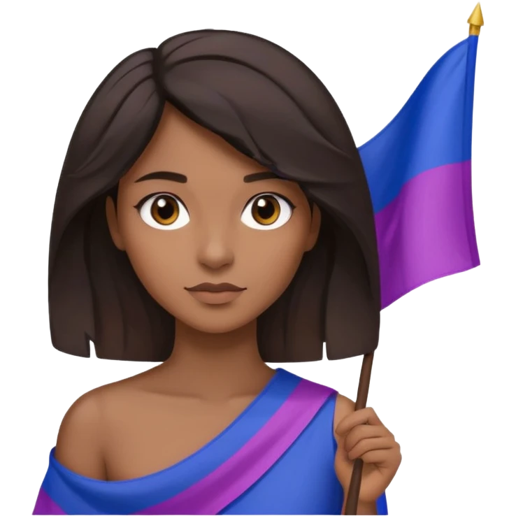 eu com a bandeira bissexual, sou morena, com cabelos negros que vão até a altura dos ombros levemente ondulados, olhos castanhos, emoji
