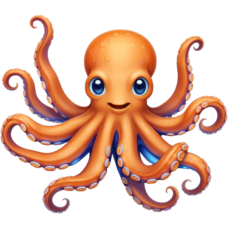 Cinematic Noble smiling Octopus Portrait Emoji, Poised and enchanting, with a light orange body adorned with vibrant blue rings and eight delightfully curling arms with gentle suckers, large sparkling eyes exuding warmth and playfulness, Simplified yet charmingly expressive features, highly detailed, glowing with a soft, magical underwater radiance, high shine, intelligent and irresistibly cute, stylized with an air of whimsical marine enchantment, focused and fluid, soft glowing outline, capturing the essence of a watchful and endearing octopus that appears ready to float out of the screen with delightful charm! emoji