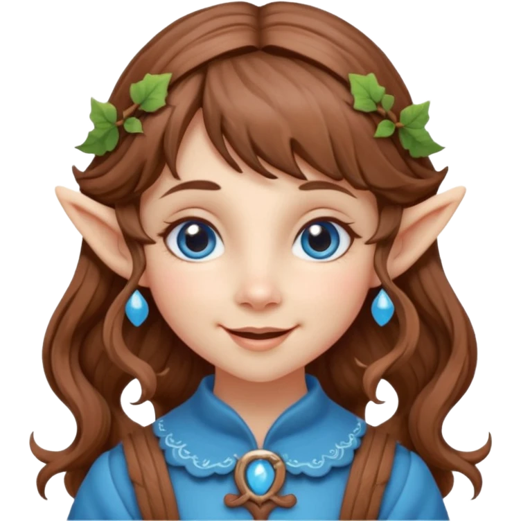 Kind happy whimsical quirky Girl toymaker, wood carving elf. Woodland creator. Blue eyes. brown hair (just below chin length) wavy hair & bangs. Whimsical playful cute emoji