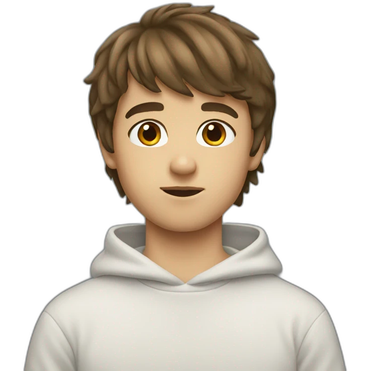 boy with brown hair and bangs wearing a sweatshirt emoji