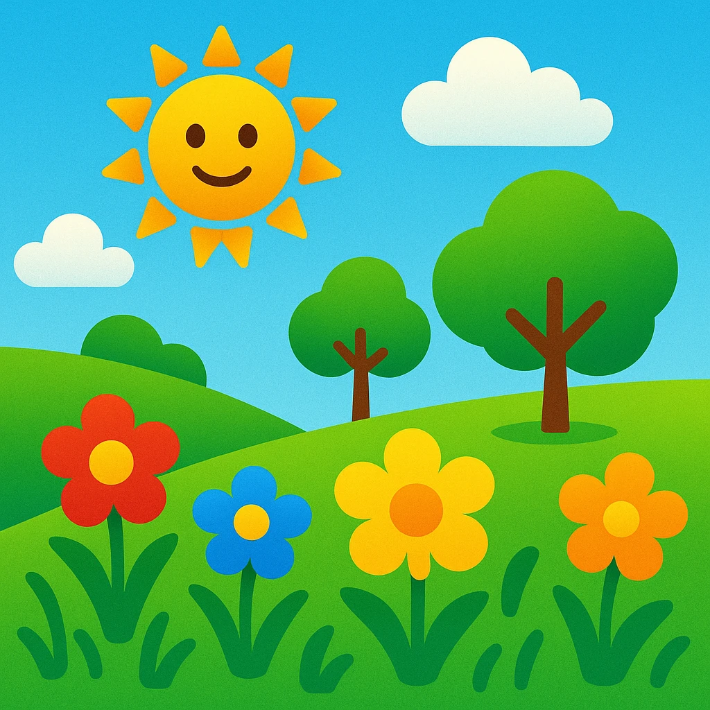 sunny landscape with trees and flowers, bright and cheerful, colorful, simple shapes, emoji style inspiration emoji
