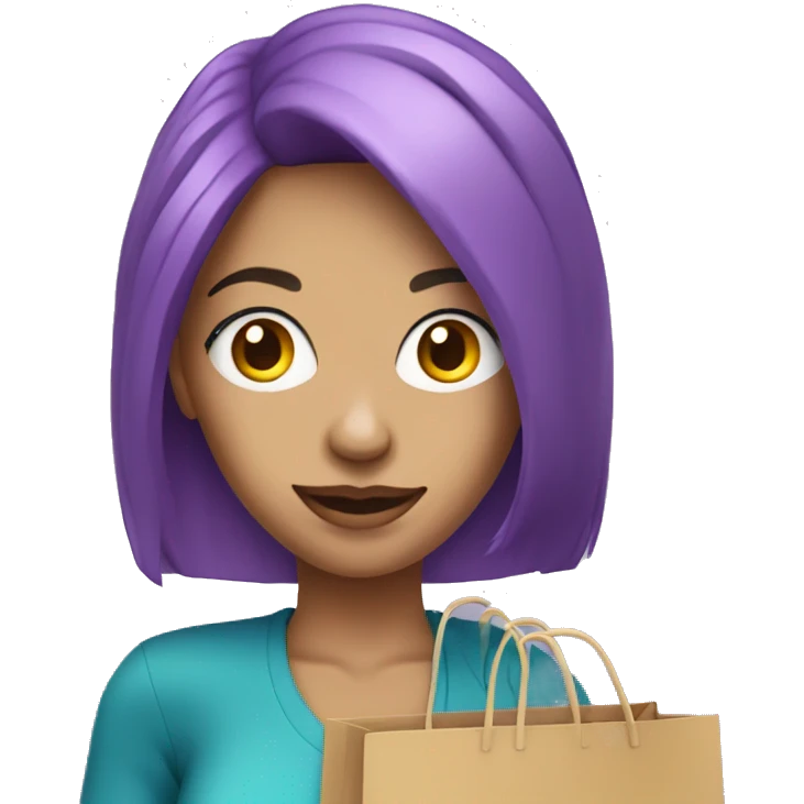 caucasian influencer with purple hair holding a shopping bag emoji