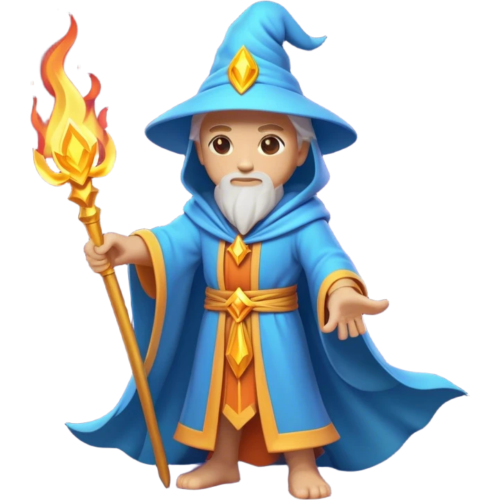 Clash of Clans aesthetic: Cinematic heroic powerful fire Wizard Hero  close up Emoji, rendered in a 3D vector-style similar to standard emojis with minimal shading and bold, simplified shapes. A compact, isometric figure draped in flowing enchanted robes and wielding a mystical staff, softly glowing with an arcane magical charm. Simplified yet unmistakably iconic, highly detailed and consistent, glowing with a soft radiant glow and high shine. Stylized with a touch of whimsical sorcery and a soft glowing outline, capturing the essence of a powerful wizard ready to cast spells with a friendly, playful spirit! emoji