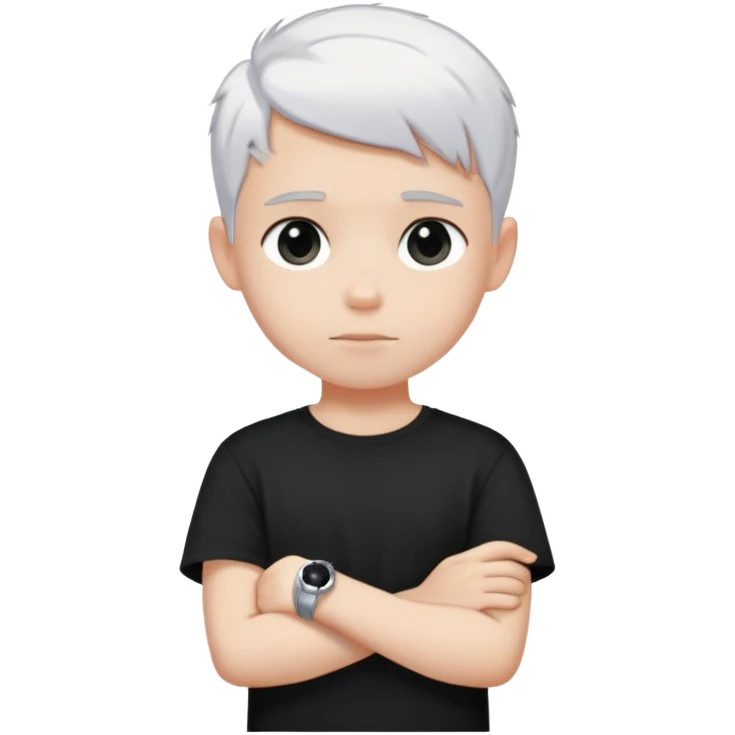 just a boy with TOTALLY WHITE SHORT HAIR (pure white like paper or snow, not gray, not blonde), wearing dark t-shirt, silver ring with black stone emoji