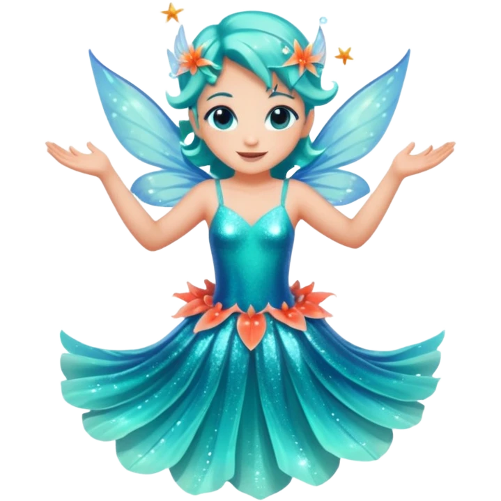 portrait of a small ocean fairy with translucent fins for wings, turquoise skin, coral-like dress, floating above water with sparkles around, joyful pose, front-facing, magical vibe emoji