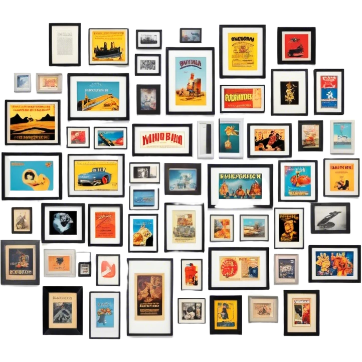 Icon for Photograph and Poster Collecting: a collection of photographs and movie posters, neatly displayed on a wall or in frames. The icon should evoke the nostalgia and artistic value of collecting rare images and posters. Transparent background. emoji
