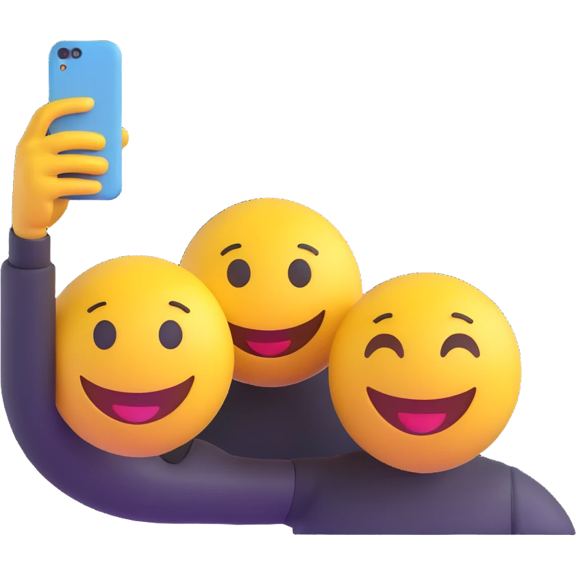 3D smiley emoji, round shape, in love: loving smiley couple taking a selfie emoji