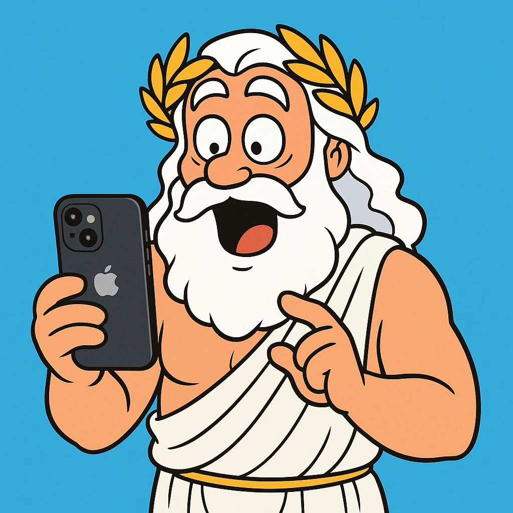 Zeus in a toga, surprised by an iPhone, humorous style emoji