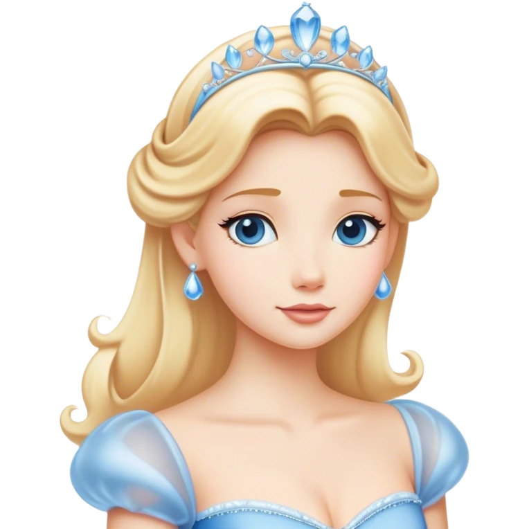 Cinematic Timeless Cinderella Portrait Emoji, rendered in a realistic, simplified vector style. Depict a classic Cinderella with delicate fair skin, beautifully styled blonde hair, and a calm, content expression, dressed in her iconic gown. The design is highlighted by a soft glowing outline and gentle, enchanting luminosity, capturing the essence of pure fairy-tale elegance. emoji