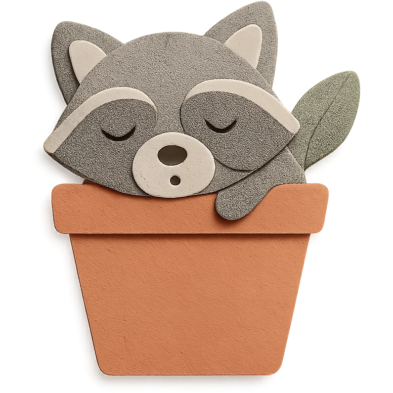 a sleepy raccoon inside a flower pot, pastel earthy colors, paper craft style emoji