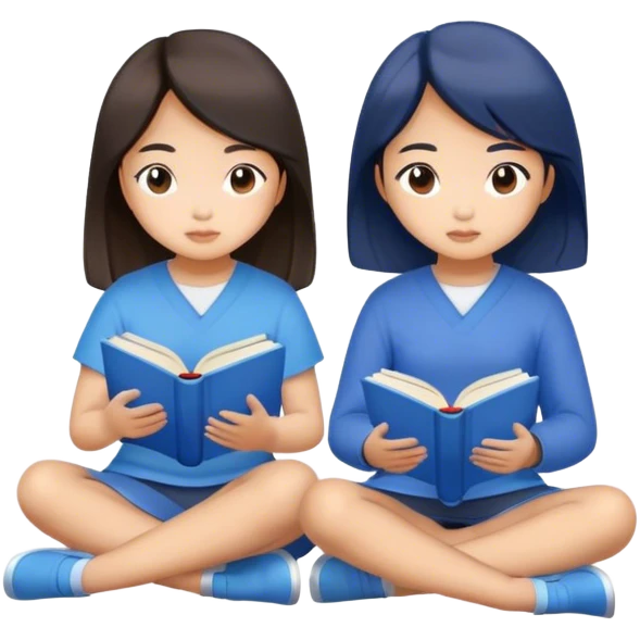 two asian girls sitting reading blue books emoji