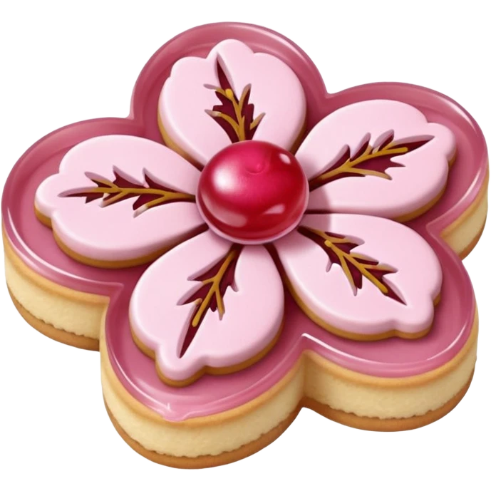 Realistic shortbread cookie in the shape of a cherry blossom with pale pink color jelly middle filling and sprinkled powder sugar on top. emoji