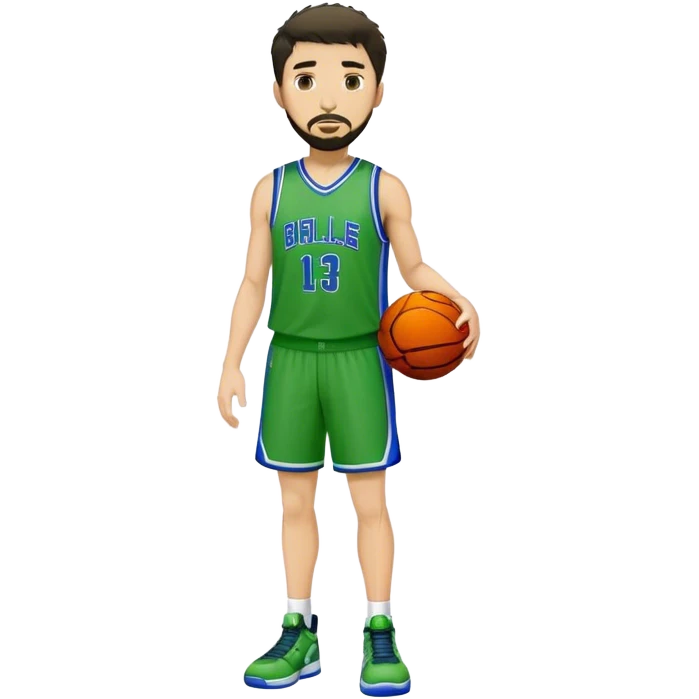 Full Body white male basketball player with short dark shaggy hair and goatee wearing green and blue uniform emoji