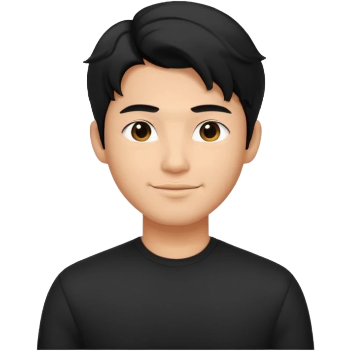 Asian guy wavy hair, dressed cool in black, demure but with a smirk  emoji