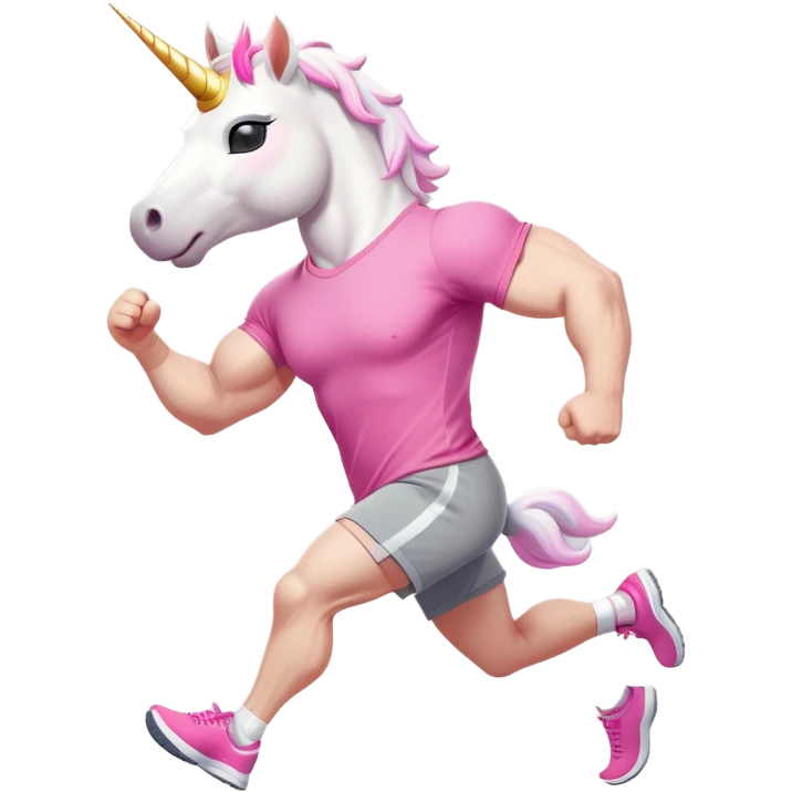 friendly anthropomorphised male white unicorn with a fit, chunky, muscular and strong physique, arms and legs matching the white of the head, in grey shorts and pink t-shirt, wearing dark sunglasses, jogging upright in a standard pose emoji