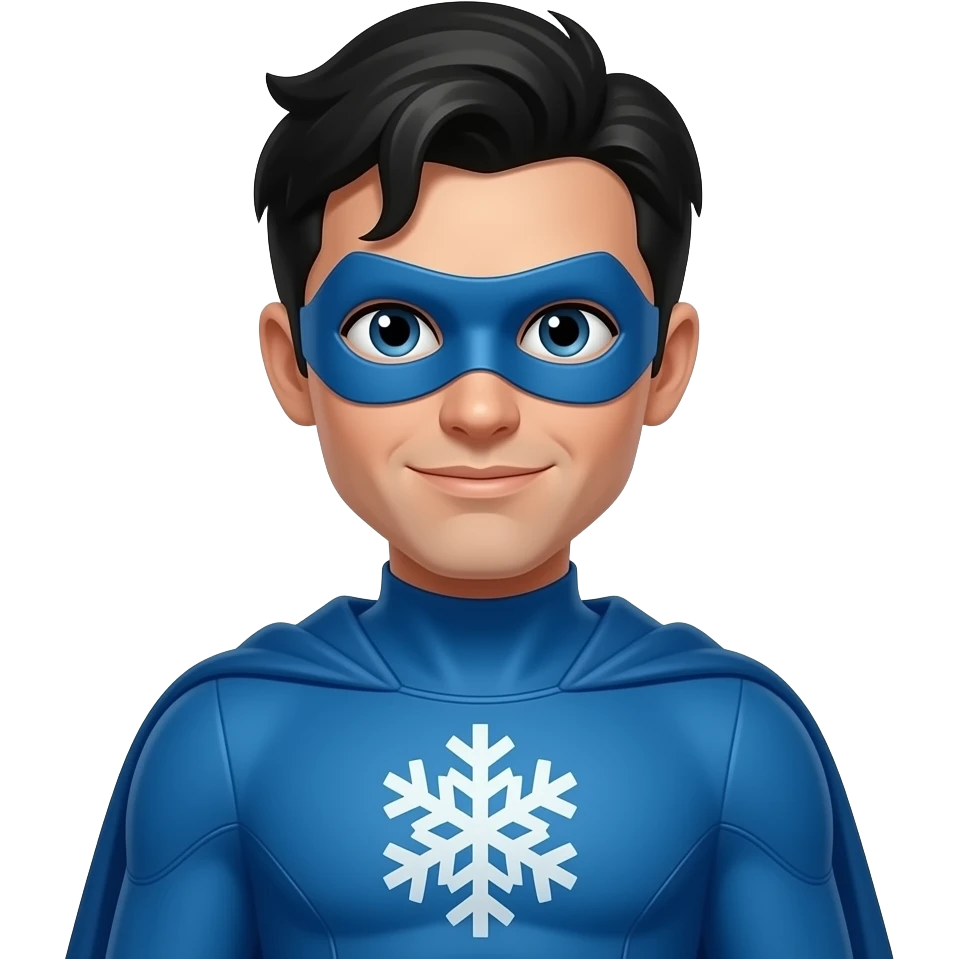 quiero que me hagas a una superheroe con el pelo negro mascara azul i con un trage azul que tenga un simbolo de un copo de nieve emoji