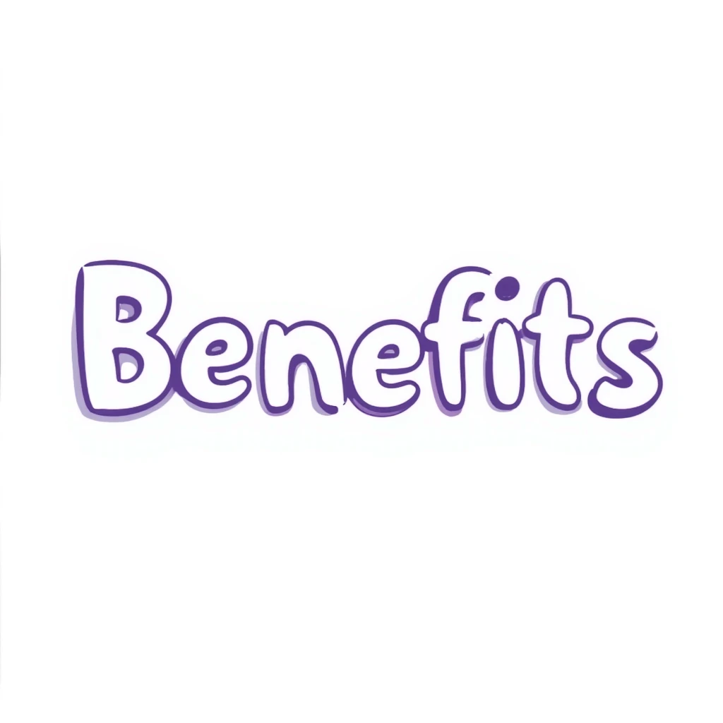 The word "Benefits" hand-drawn in white text with a few purple and blue color accents. Simple doodle style with clean design. emoji