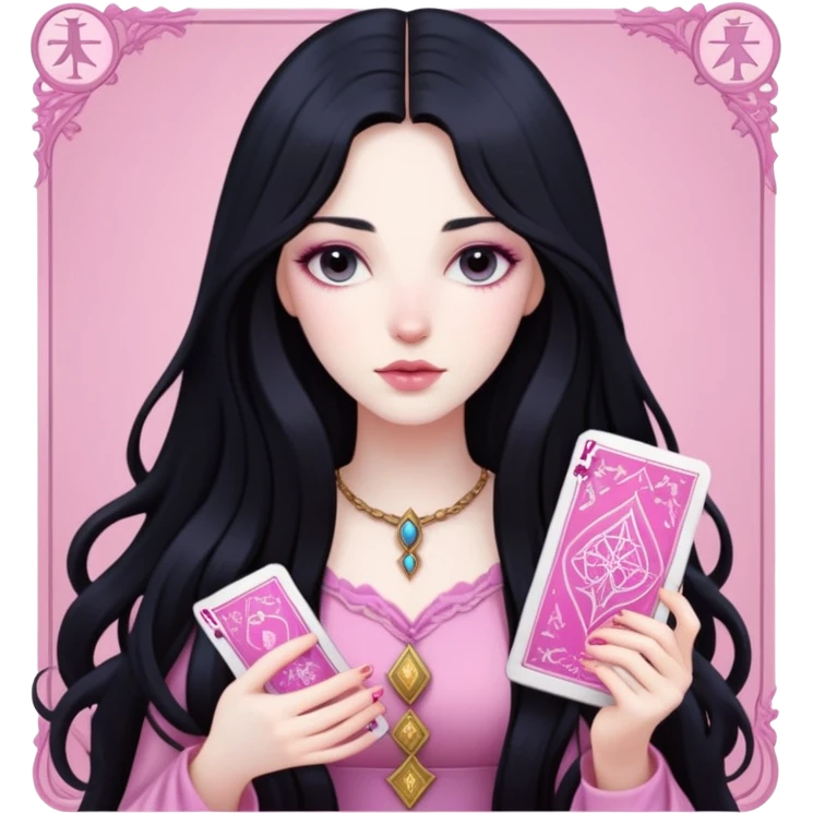 long black hair girl with pink tarot cards emoji